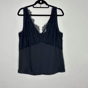 H&M Black Satin Sleeveless Blouse with Lace Accents